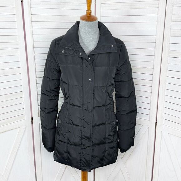 Tommy Hilfiger Quilted Puffer Coat Black XS Long Line Winter Snow - Picture 1 of 14